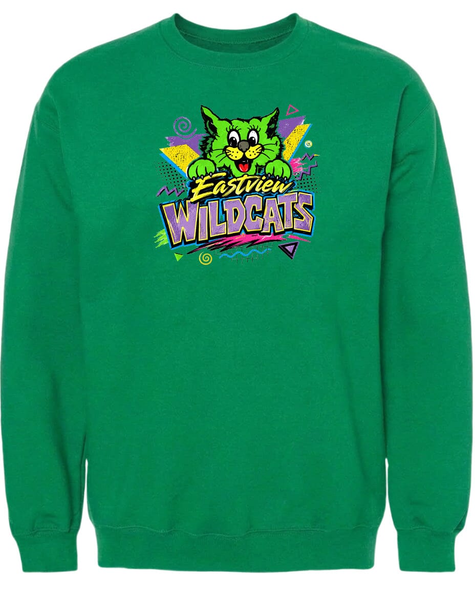 A bright green sweatshirt with a colorful graphic design featuring a cartoon cat and the text "Eastview Wildcats".