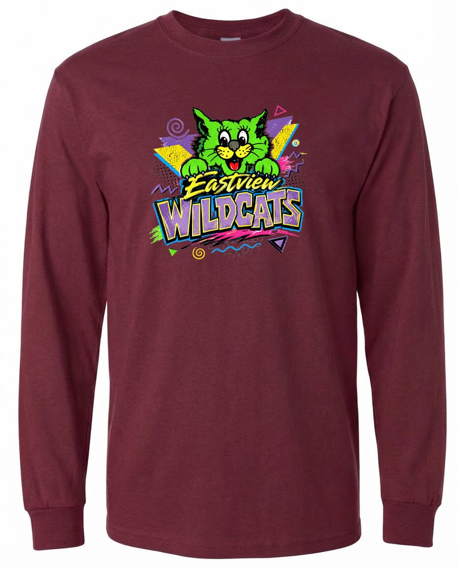 A burgundy long-sleeved t-shirt with a colorful graphic design featuring a cartoon cat and the text "Eastview Wildcats".