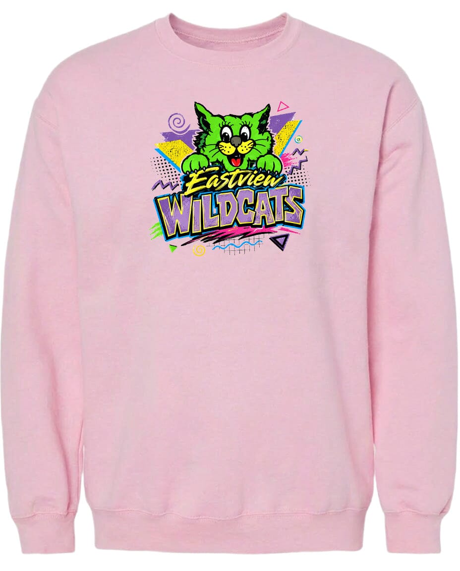 A pink sweatshirt with a graphic design featuring a cartoon cat and the text "Eastview Wildcats".