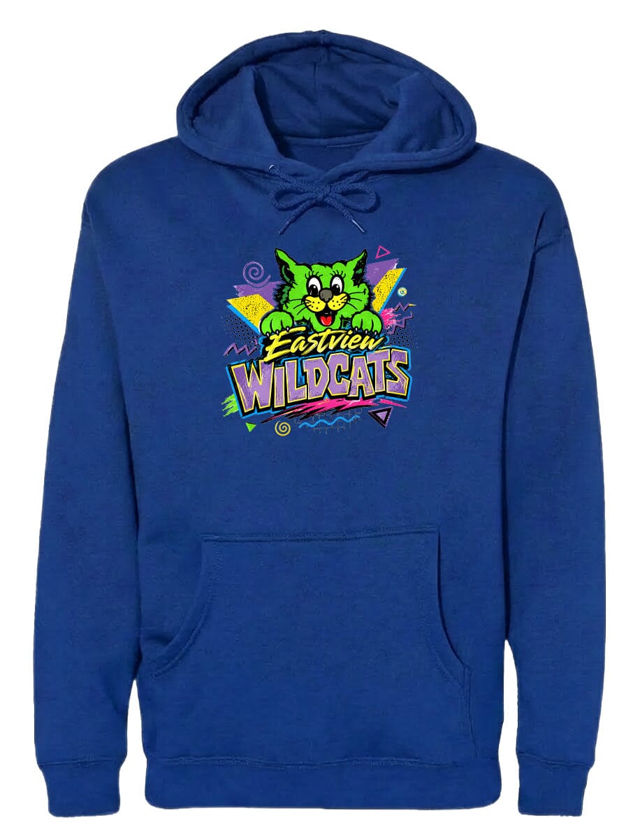 A blue hoodie with a graphic design featuring a cartoon cat and the text "Eastview Wildcats".