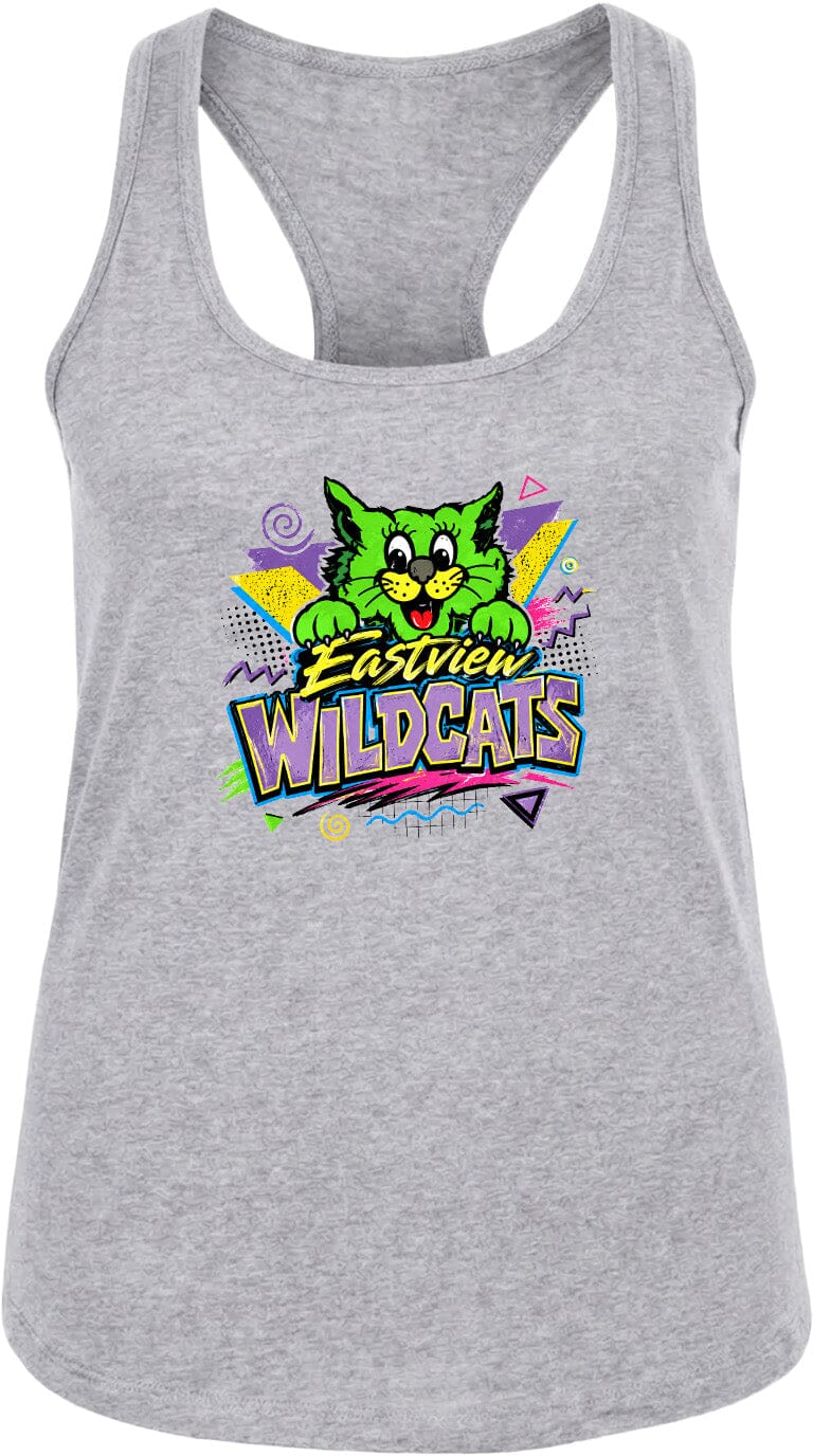 A gray tank top with a colorful graphic design featuring a cartoon cat and the text "Eastview Wildcats".