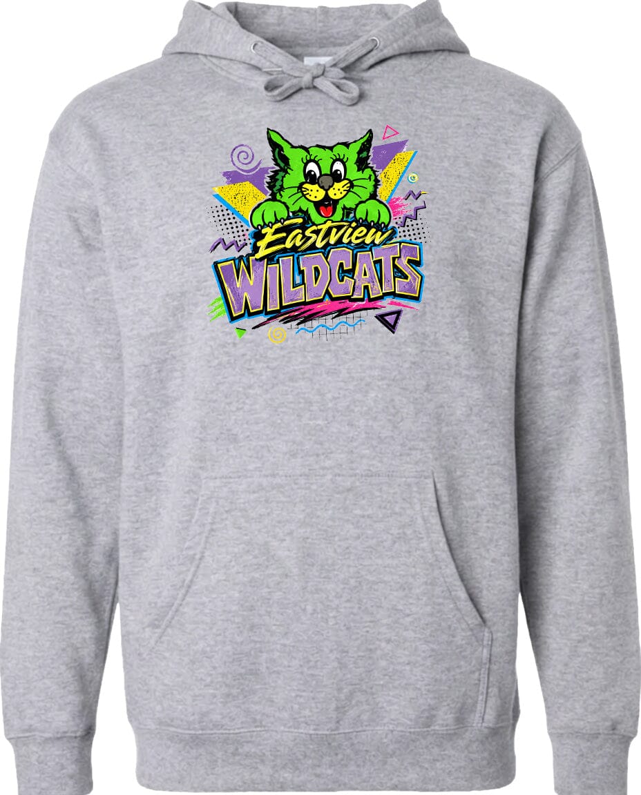 A gray hoodie with a colorful graphic design featuring a cartoon cat and the text "Easter Wildcats" printed on it.