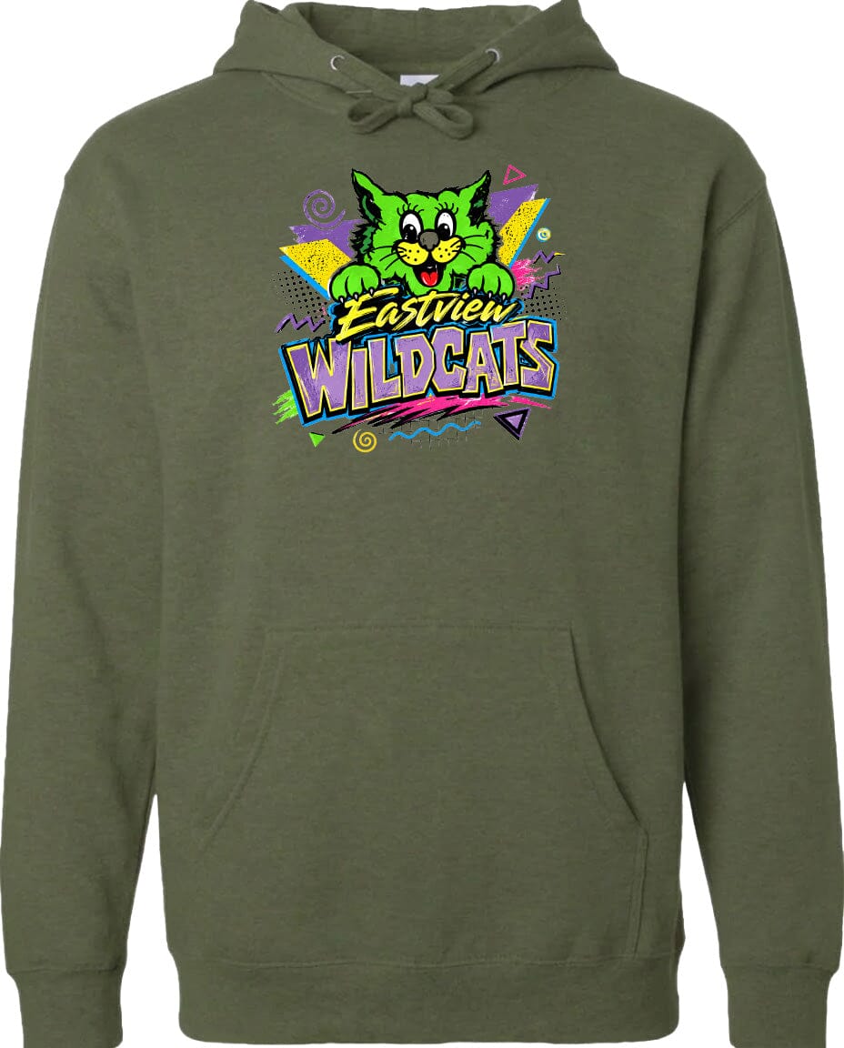 A green hoodie with a colorful graphic design featuring a cartoon cat and the text "EASTVIEW WILDCATS".