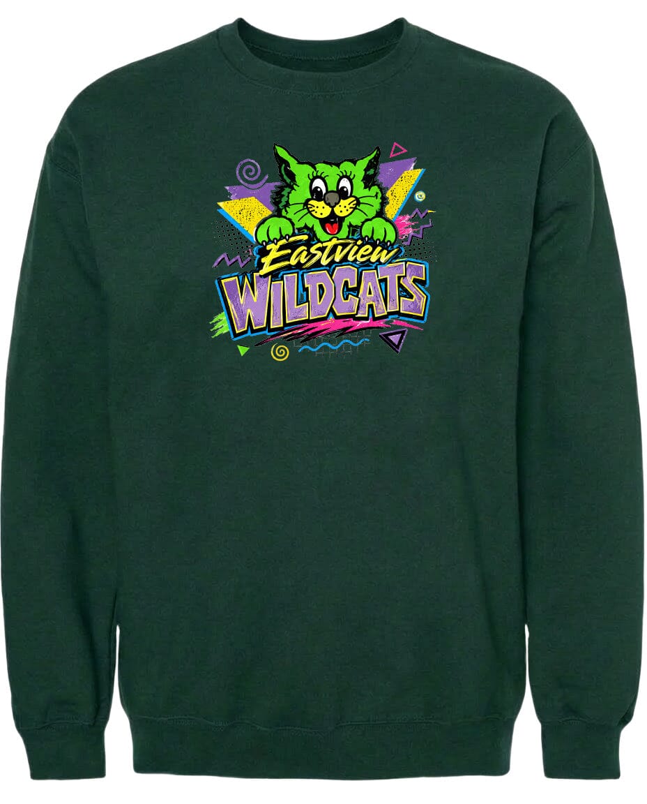 A dark green sweatshirt with a colorful graphic design featuring a cartoon cat and the text "Eastview Wildcats".