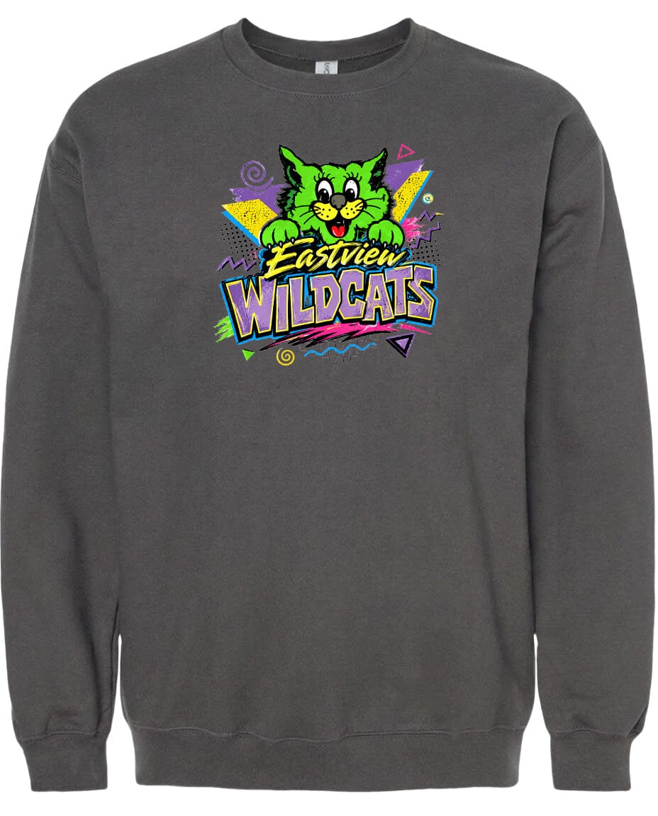 A gray sweatshirt with a colorful graphic design featuring a cartoon cat and the text "Eastview Wildcats".