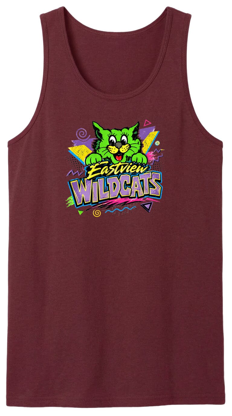A burgundy tank top with a colorful graphic design featuring a cartoon cat and the text "Empire Wildcats".