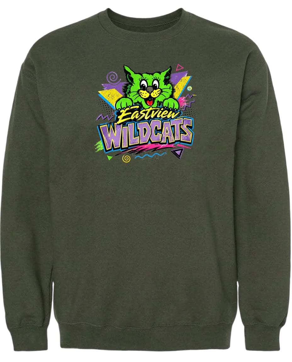 A dark green sweatshirt with a colorful graphic design featuring a cartoon cat and the text "Eastview Wildcats".