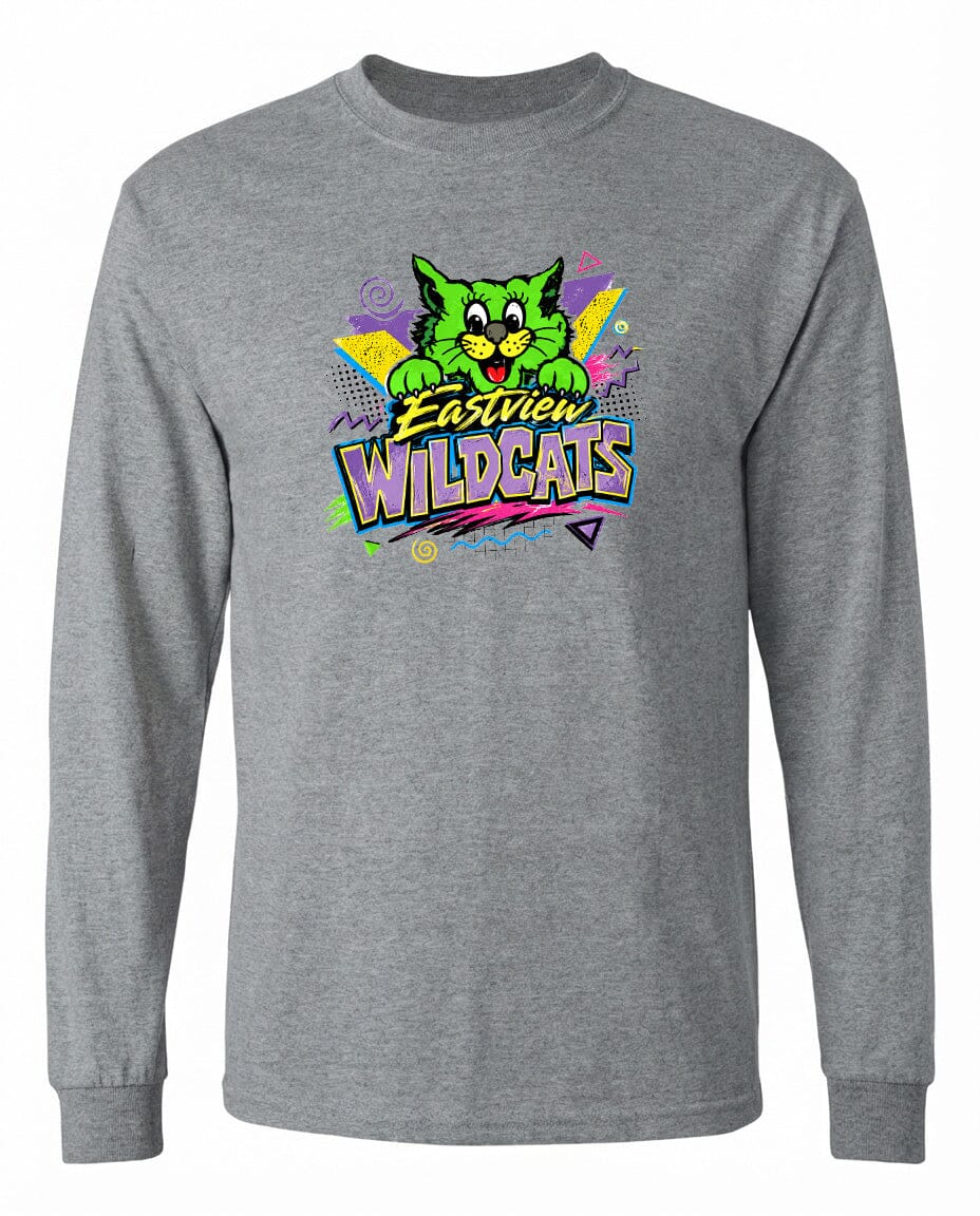 A gray long-sleeved t-shirt with a colorful graphic design featuring a cartoon cat and the text "Eastview Wildcats".