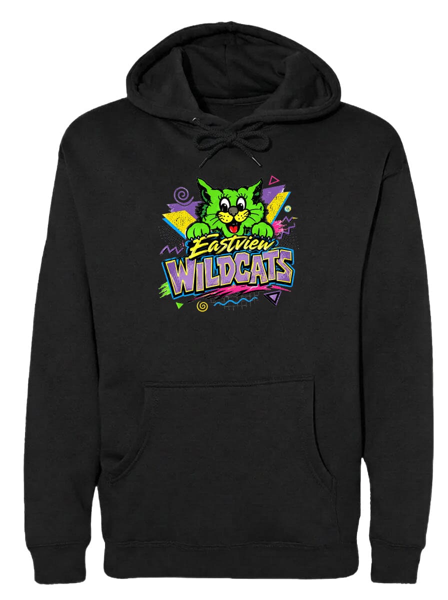 A black hoodie with a colorful graphic design featuring a cartoon cat and the text "Eastview Wildcats".