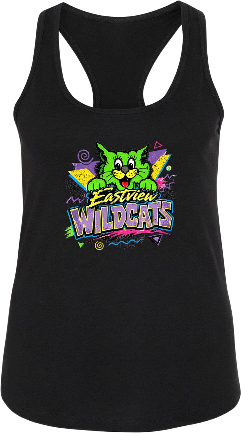 A black tank top with a colorful graphic design featuring a cartoon cat and the text "Eastview Wildcats".