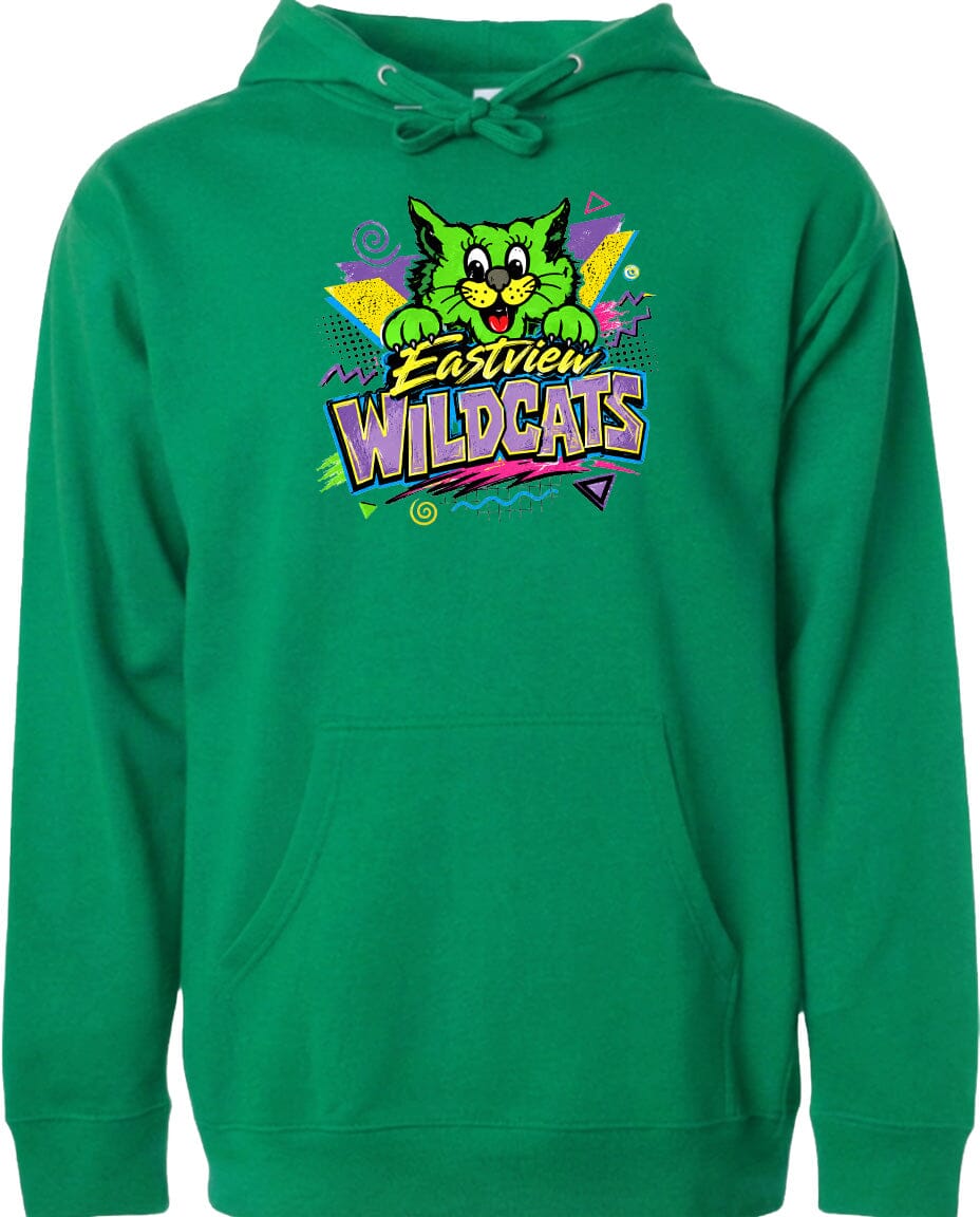 A bright green hoodie with a graphic design featuring a cartoon cat and the text "EASTVIEW WILDCATS".