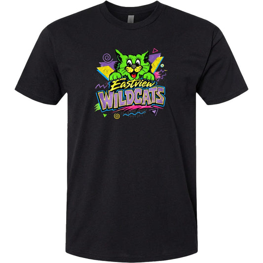 A black t-shirt with a colorful graphic design featuring a cartoon cat and the text "Eastview Wildcats".