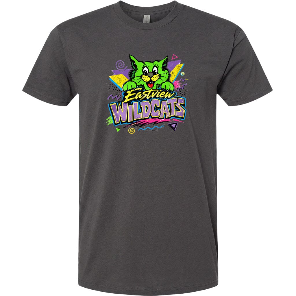 A gray t-shirt with a colorful graphic design featuring a cartoon cat and the text "Eastview Wildcats".