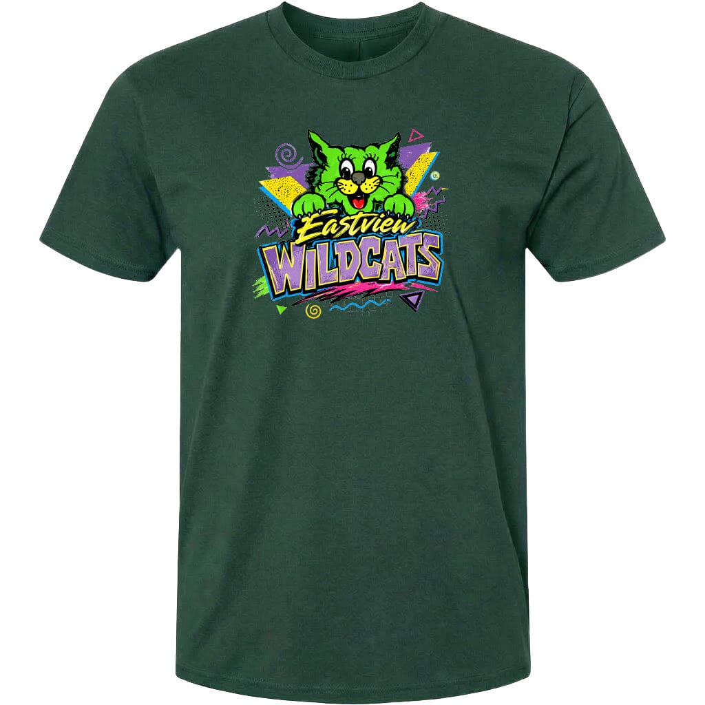 A green t-shirt with a colorful graphic design featuring a cartoon cat and the text "Eastview Wildcats".