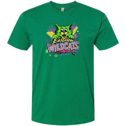 A green t-shirt with a colorful graphic design featuring a cartoon cat and the text "Eastview Wildcats".