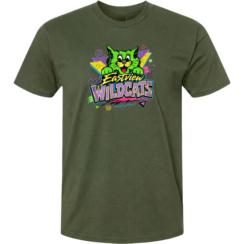 A green t-shirt with a colorful graphic design featuring a cartoon cat and the text "Eastview Wildcats".