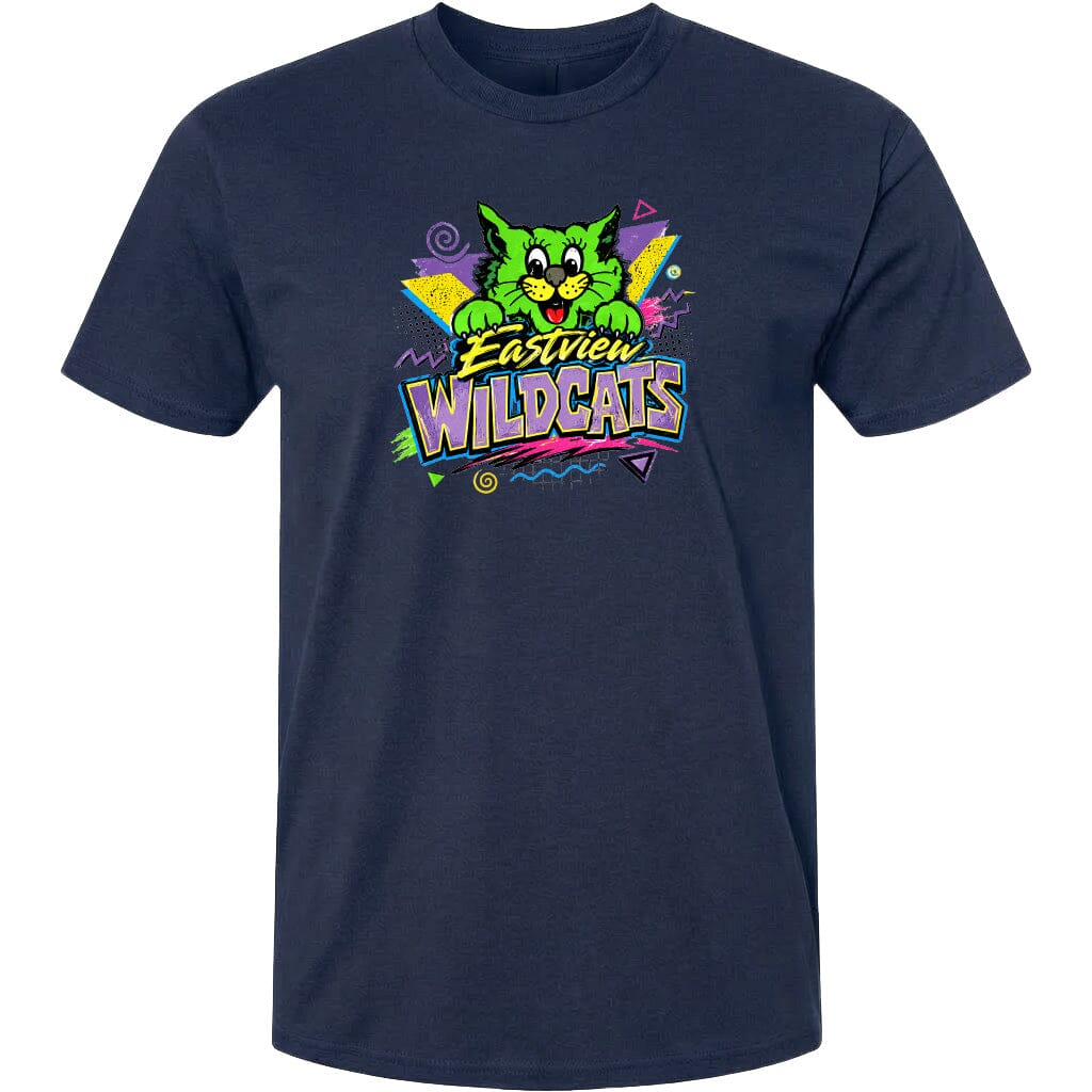 A navy blue t-shirt with a colorful graphic design featuring a cartoon cat and the text "Eastview Wildcats".