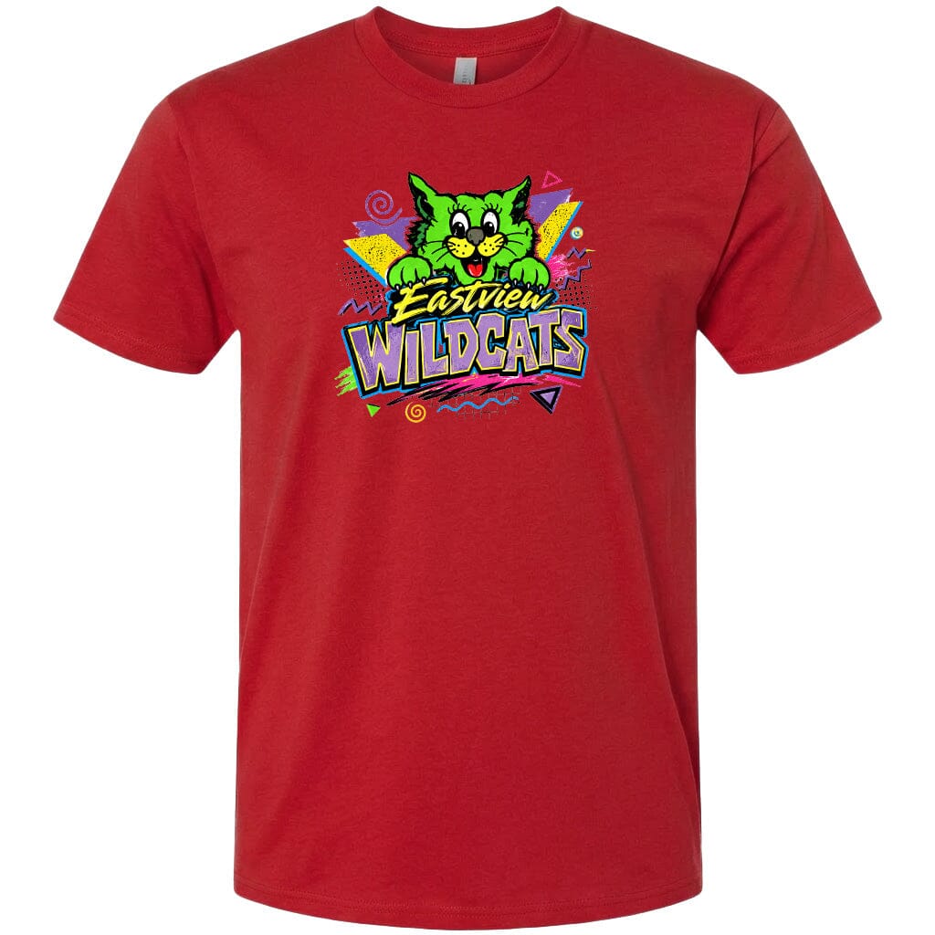 A red t-shirt with a colorful graphic design featuring a cartoon cat and the text "Eastview Wildcats".
