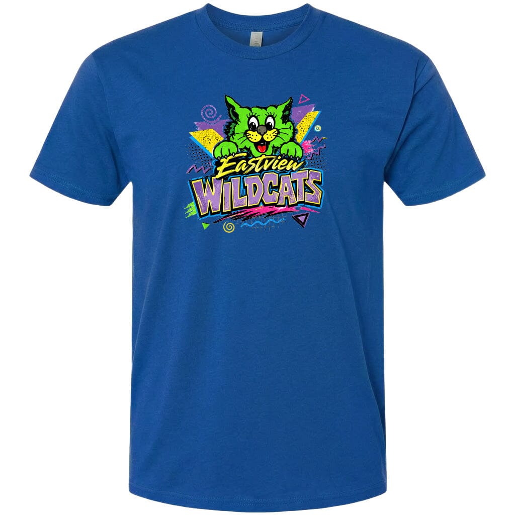 A blue t-shirt with a colorful graphic design featuring a cartoon cat and the text "Eastview Wildcats".