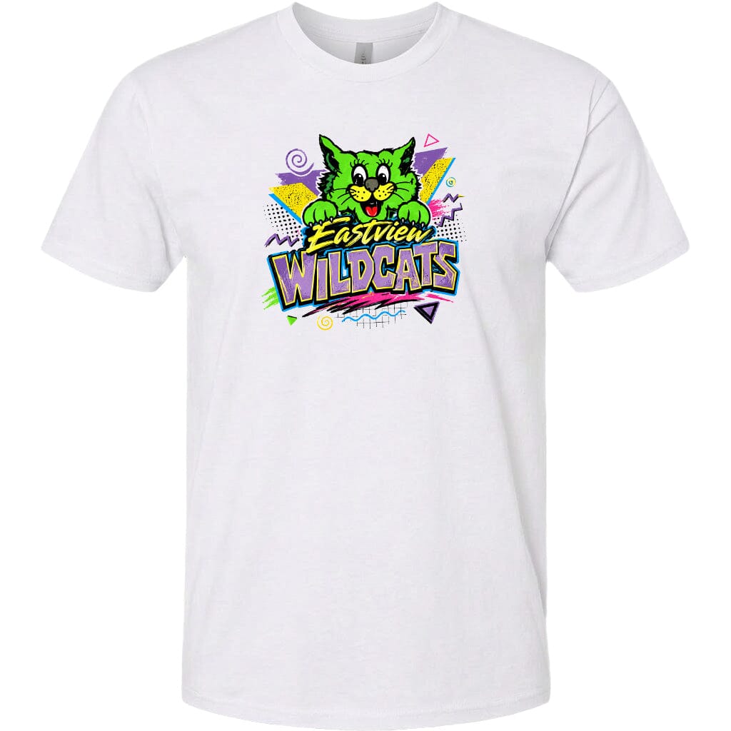 A white t-shirt with a colorful graphic design featuring a cartoon cat and the text "Eastview Wildcats".
