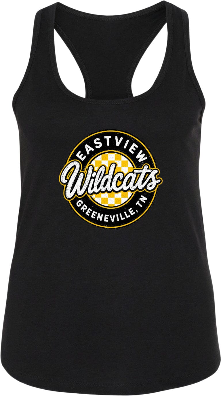 A black tank top with a graphic design featuring the text "EASTVIEW Wildcats Greeneville, TN" in a checkered pattern.