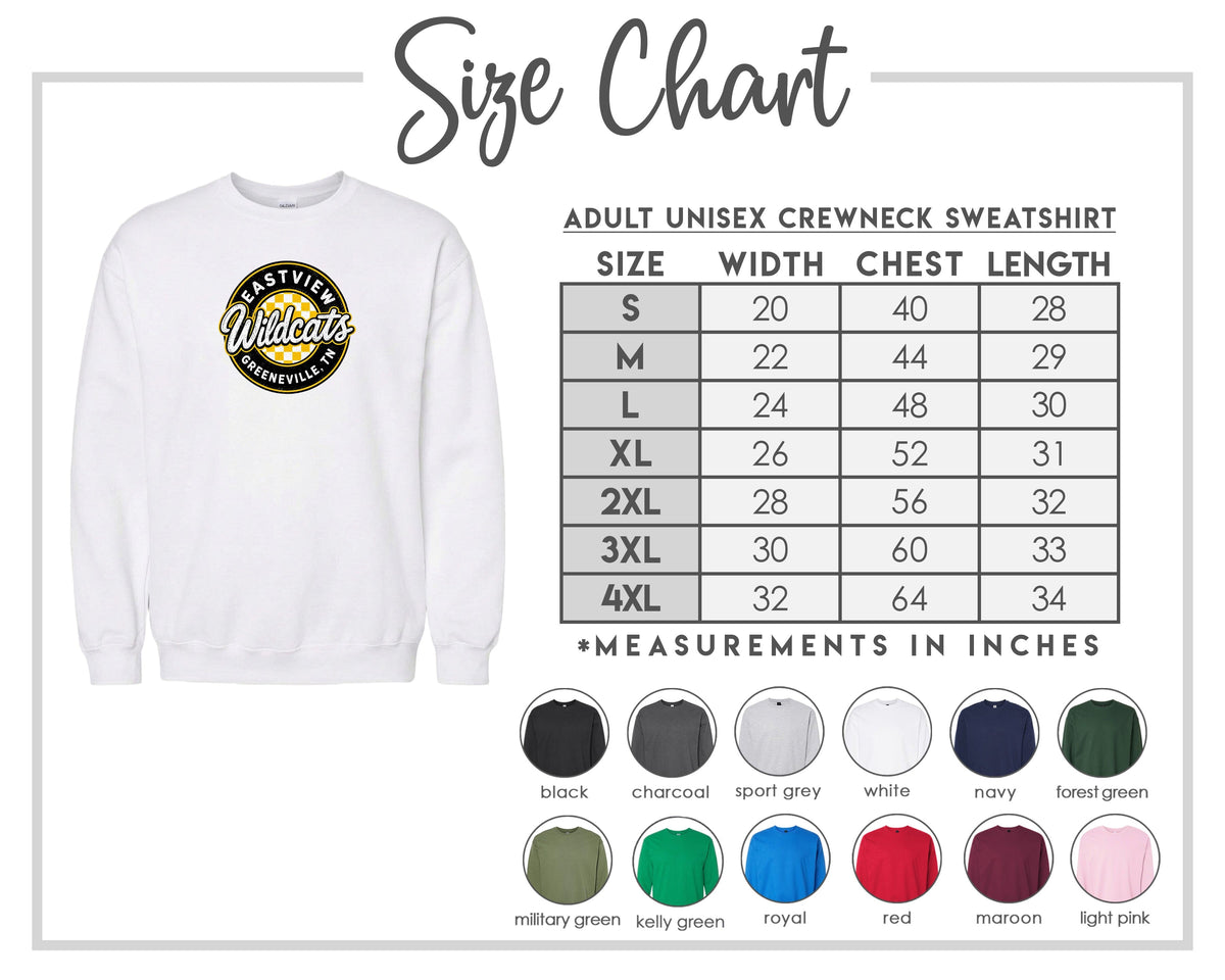 The image is a size chart for an adult unisex crewneck sweatshirt. It includes a white sweatshirt with a logo and a table with size measurements and corresponding shirt colors.
