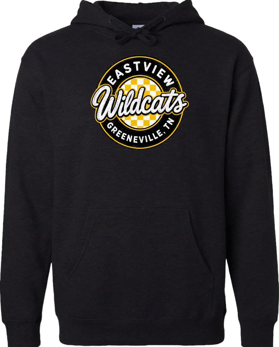 A black hoodie with a logo on the front.