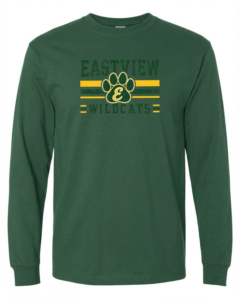 A green long-sleeved t-shirt with a graphic design featuring a paw print and the text "EASTVIEW WILDCATS" printed on it.
