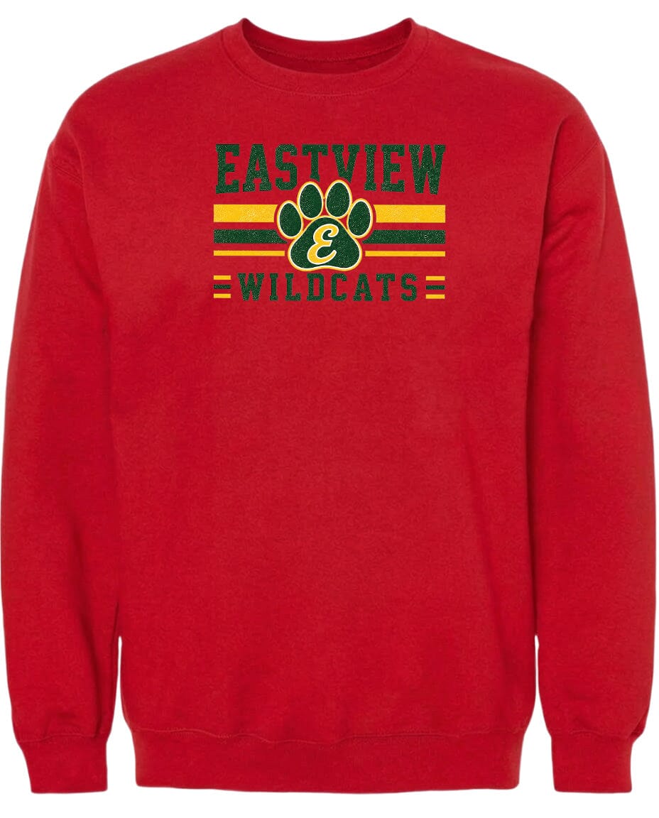 A red sweatshirt with a graphic design featuring a paw print and the text "EASTVIEW WILDCATS".