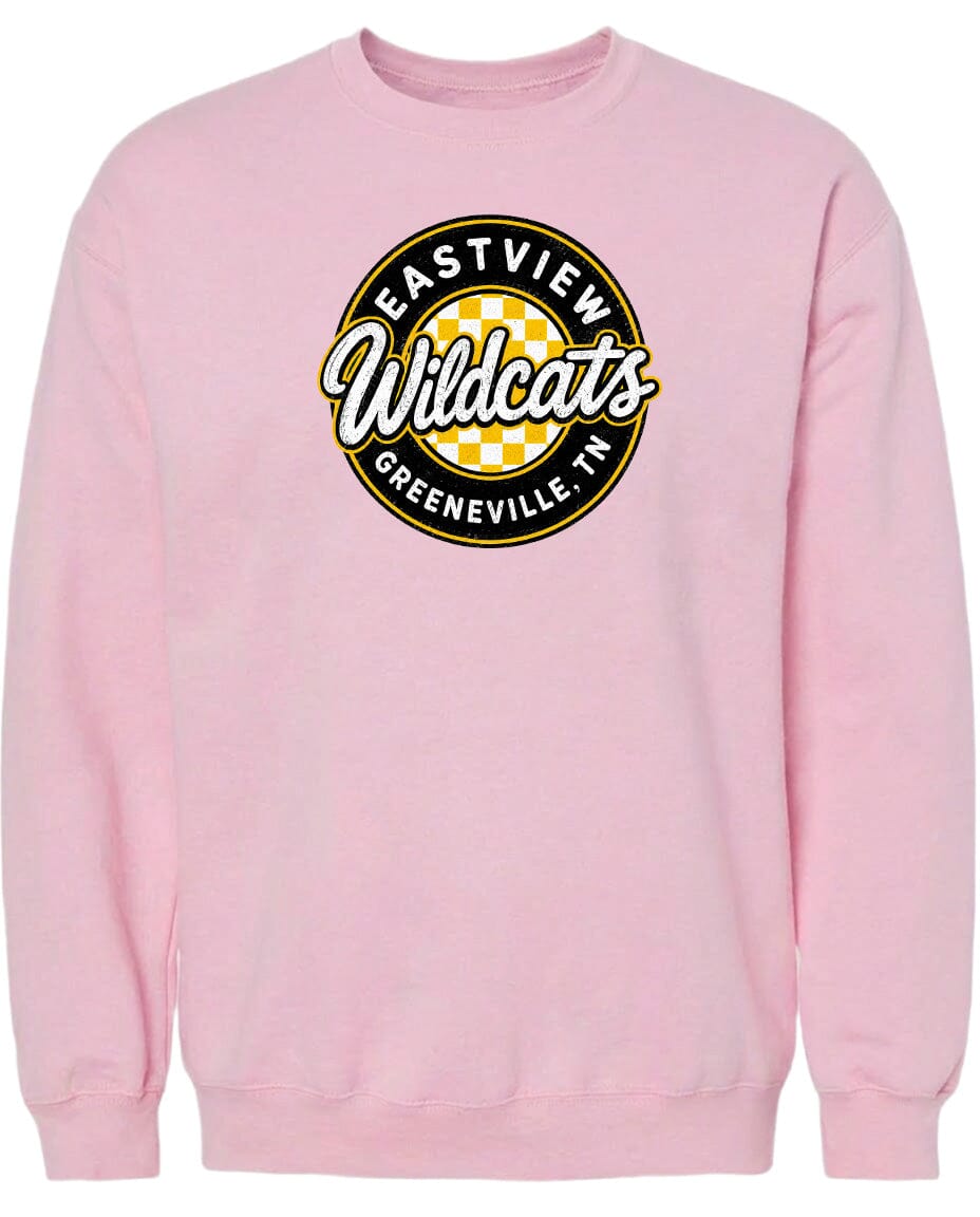A pink sweatshirt with a logo that says "EASTVIEW WILDCATS GREENEVILLE, TENN."