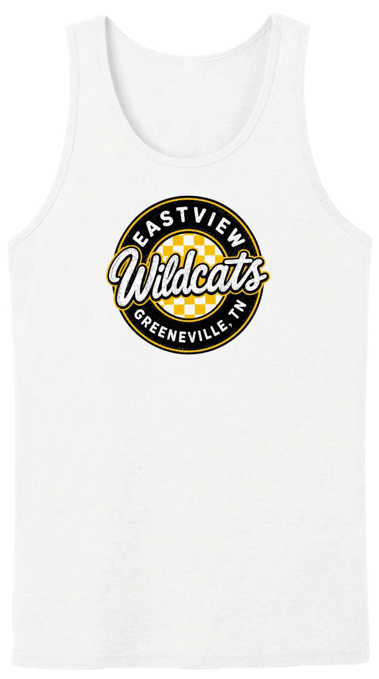A white tank top with a circular logo that says "EASTVIEW Wildcats Greeneville, TN".