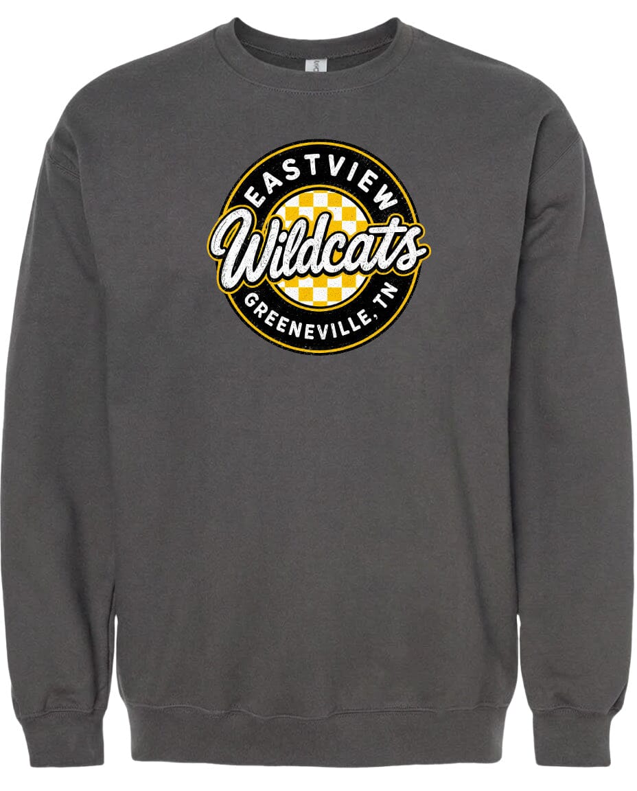 A gray sweatshirt with a circular logo on the front.