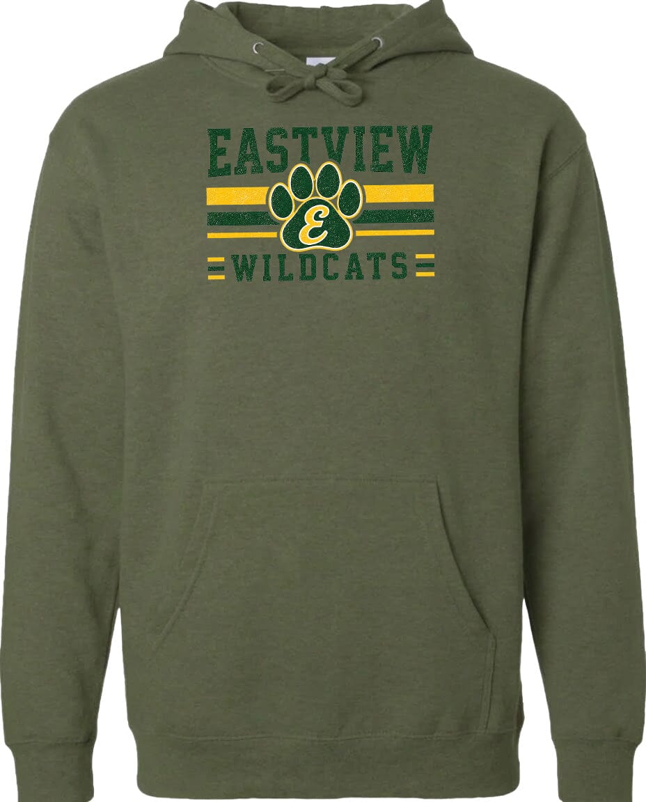 A green hoodie with a graphic design featuring a paw print and the text "EASTVIEW WILDCATS" printed on it.