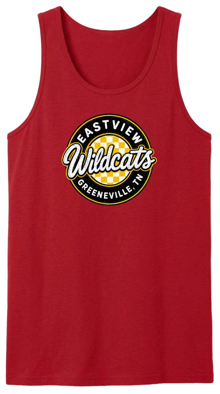 A red tank top with a logo that says "EASTVIEW WILDCATS GREENEVILLE, TENN."