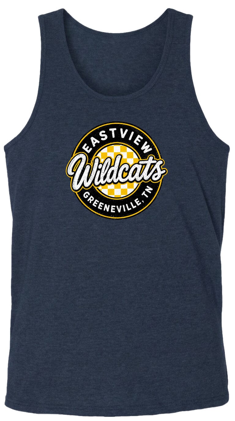 A dark blue tank top with a circular logo on it. The logo features the text "EASTVIEW Wildcats" and "Greeneville, TN" in a stylized font.