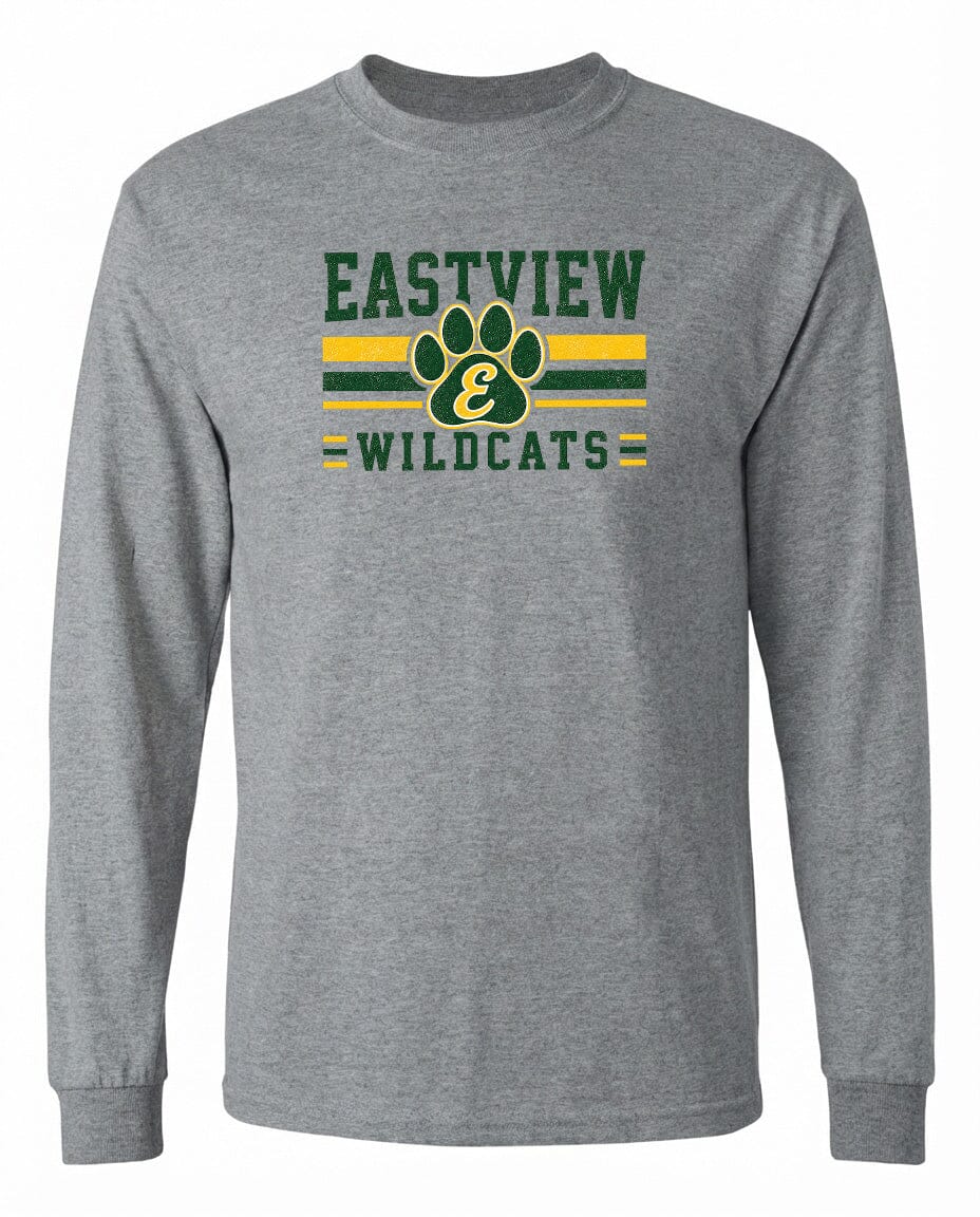 A gray long-sleeved t-shirt with a graphic design featuring the text "EASTVIEW WILDCATS" and a paw print logo.