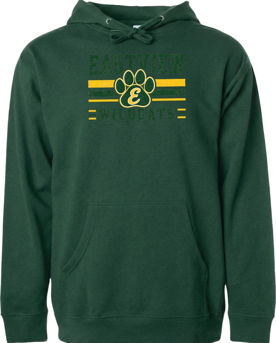 A green hoodie with a graphic design featuring a paw print and the text "EASTVIEW WILDCATS" printed on it.