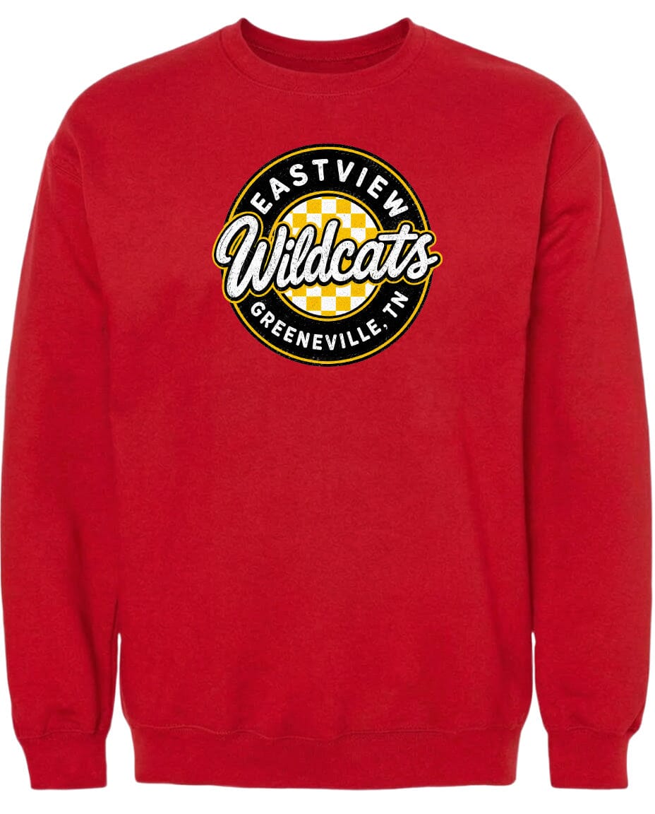 A red sweatshirt with a logo that says "EASTVIEW WILDCATS GREENEVILLE TENN".