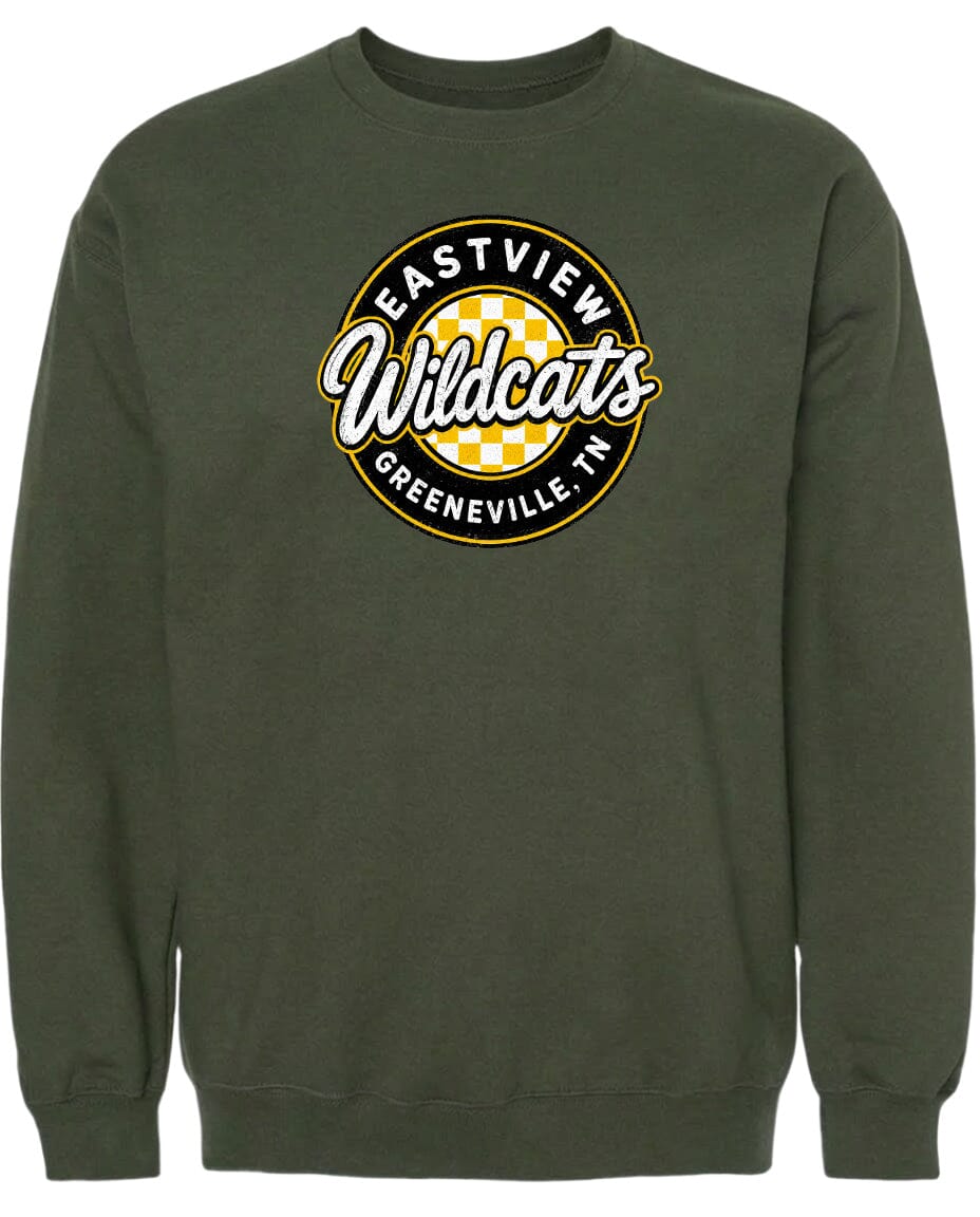 A dark green sweatshirt with a circular logo on the front.