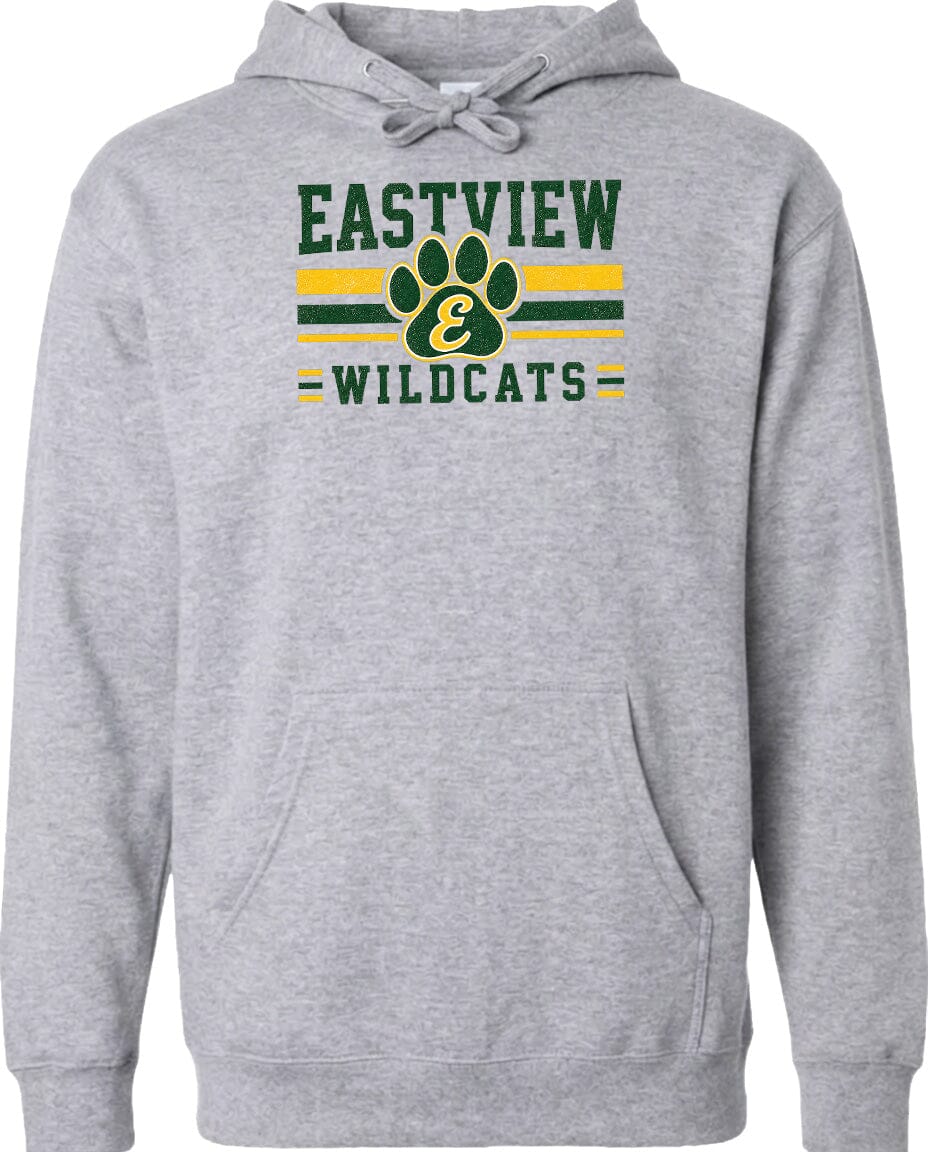 A gray hoodie with a graphic design featuring the text "EASTVIEW WILDCATS" and a paw print symbol.