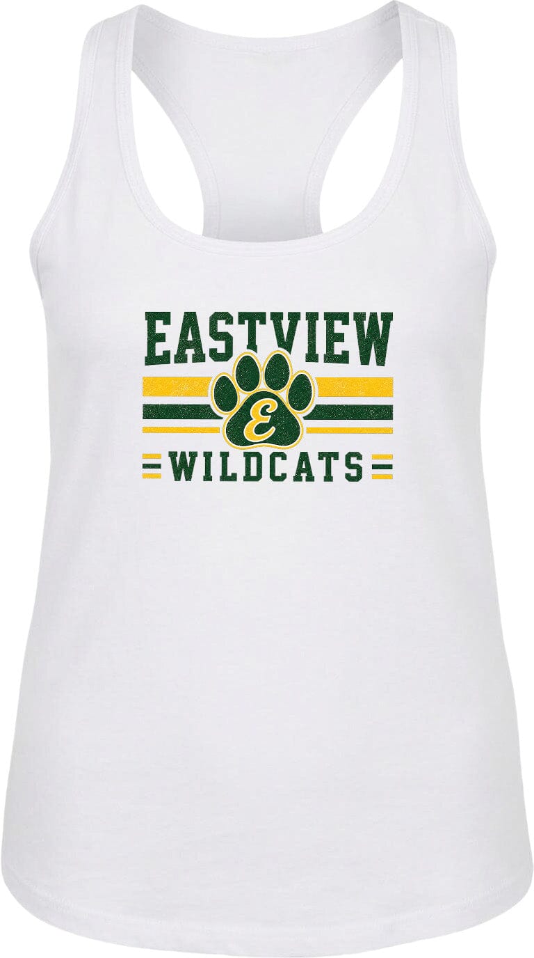 A white tank top with a graphic design featuring the text "EASTVIEW WILDCATS" and a paw print logo.