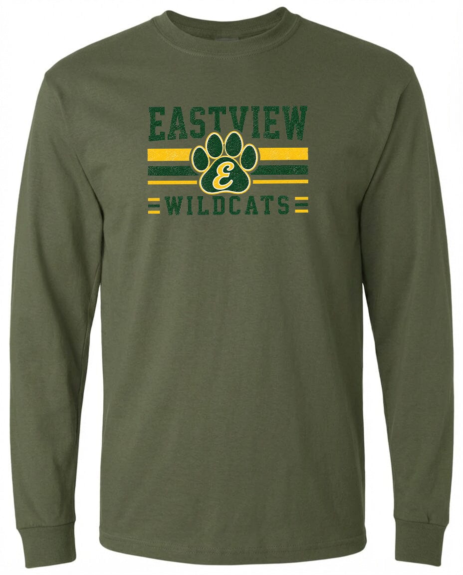 A long-sleeved olive green t-shirt with a graphic design featuring a paw print and the text "EASTVIEW WILDCATS" printed on it.