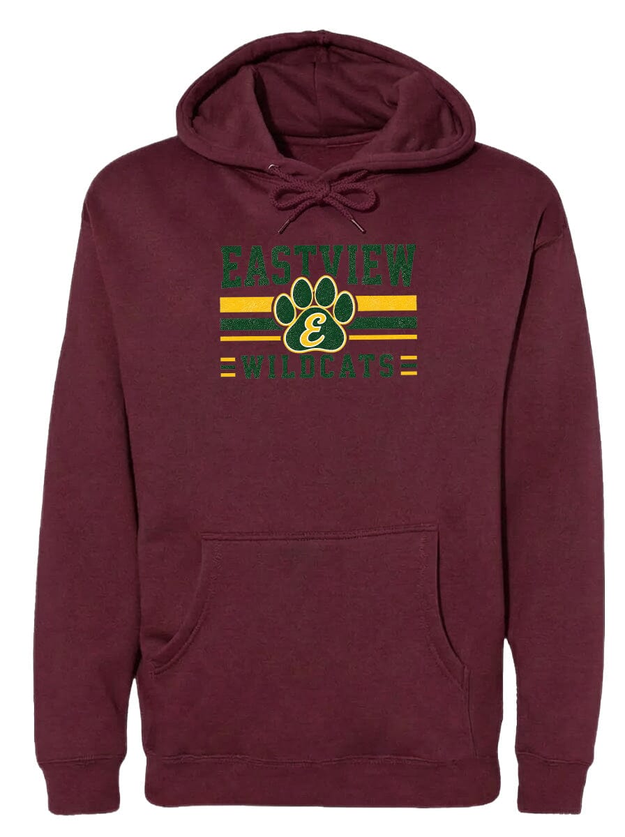 A burgundy hoodie with a graphic design featuring a paw print and the text "EASTVIEW WILDCATS" printed on it.