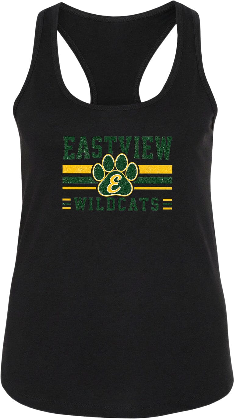 A black tank top with a graphic design featuring the text "EASTVIEW WILDLATTS" and a paw print logo.