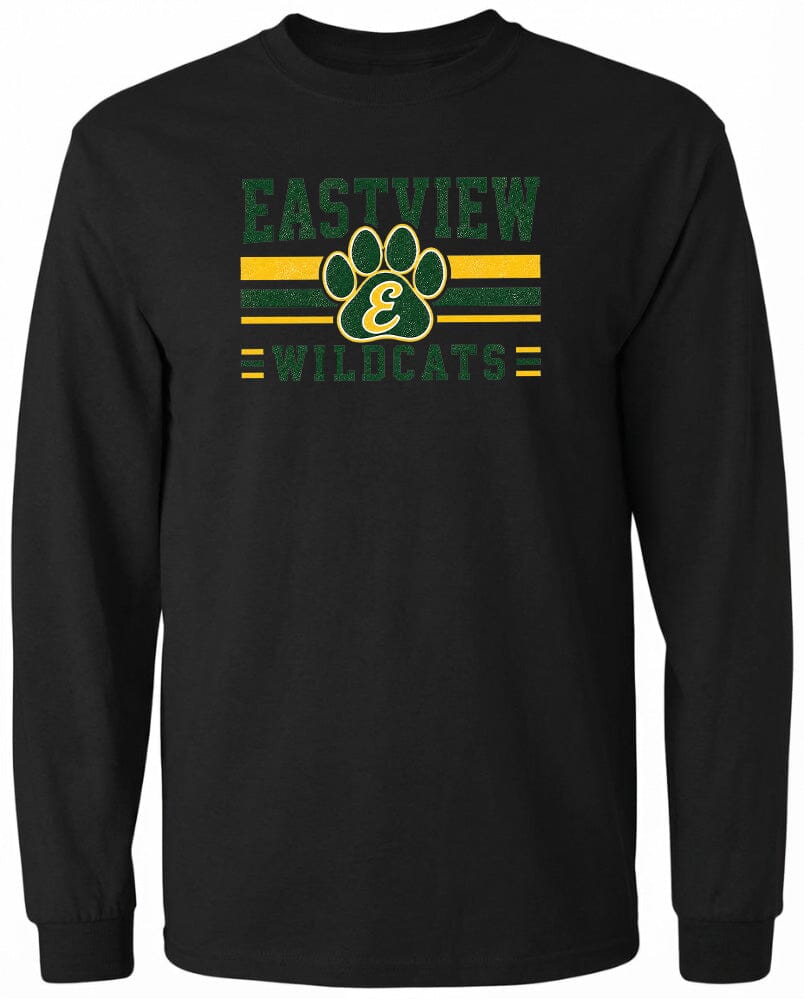 A black long-sleeved shirt with a graphic design featuring a paw print and the text "EASTVIEW WILDCATS" printed on it.