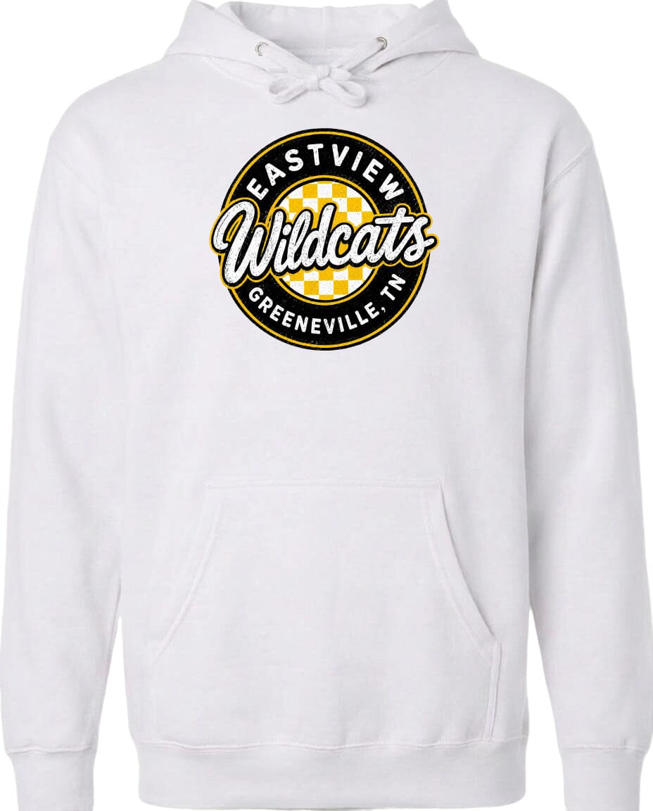 A white hoodie with a logo on the front.
