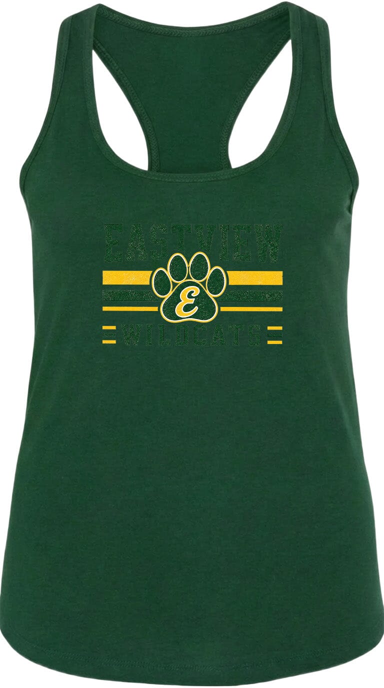 A green tank top with a graphic design featuring a paw print and the text "EASTVIEW WILDCATS" printed on it.