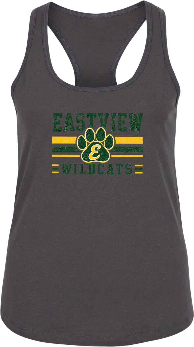 A gray tank top with a graphic design featuring the text "EASTVIEW WILDCATS" and a paw print logo.