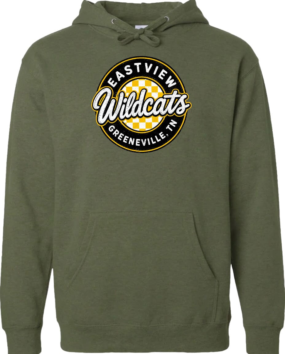 A green hoodie with a logo on the front.