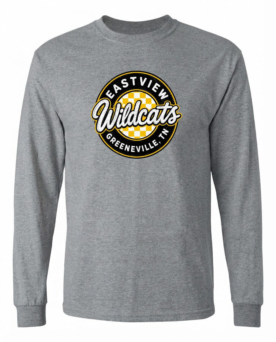 A gray long-sleeved t-shirt with a circular logo on the front.